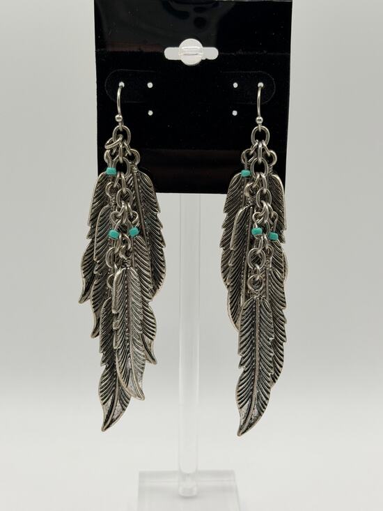 Other Jewelry - Silver Feather Cascade Dangle Earrings with Turquoise Accent Boho